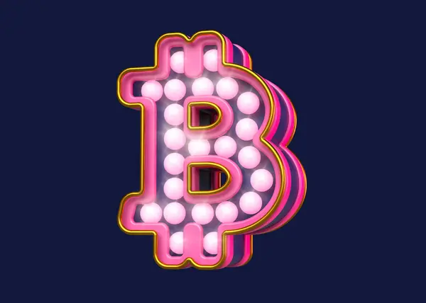 Marquee Light Bulbs Bitcoin Logo Fluorescent Pink Blue High Quality — Stock Photo, Image