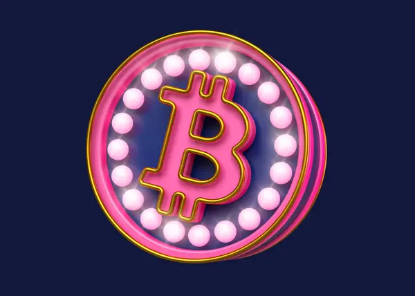 Bitcoin Btc Logosu Boyutlu Pembe Altın Mavi Işık Kutusu Yüksek — Stok fotoğraf