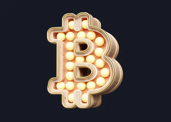 Festzelt Glühbirnen Form Von Bitcoin Logo Aus Holz Hochwertiges Rendering — Stockfoto