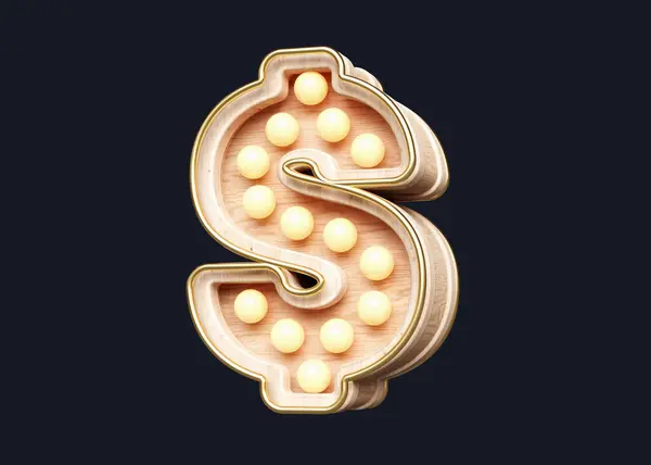 Drewniane Światła Marquee Czcionka Dollar Symbol Wysokiej Jakości Renderowanie — Zdjęcie stockowe