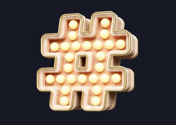 Marquee Typografia Hashtag Symbol Wykonany Drewna Ciepłą Miękką Żółtą Żarówką — Zdjęcie stockowe