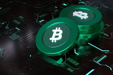 Devre kartında Bitoin Cash Bch madeni para yığını. Kripto para birimini ve blok zinciri kavramlarını resmetmek için uygun tasarım. Yüksek kalite 3B görüntüleme
