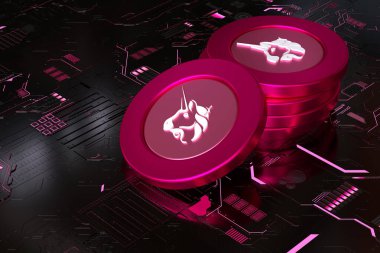 Uniswap Üniversitesi jetonları siyah renkli, parlak ışıklı elektronik bir devre kartında. Şifreleme ve altpara kavramlarını resmetmek için uygun tasarım. Yüksek kalite 3B görüntüleme.
