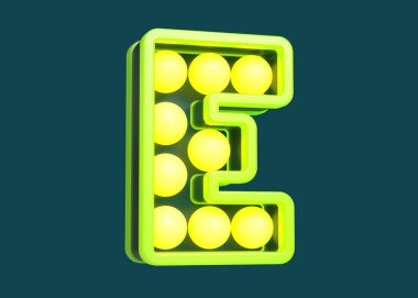 Yazı tipi harfleri açık sarı ve yeşil renkli E harfi. Yüksek kalite 3B görüntüleme