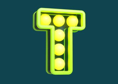 Afişte 3 boyutlu T harfi yeşil ve sarı. Ampullerin çekici, parlak yazı tipi. Yüksek kalite 3B görüntüleme