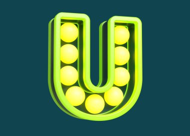 3 boyutlu U harfi floresan sarı ve yeşil renkte. Ampullerle harf dizaynı. Yüksek kalite 3B görüntüleme