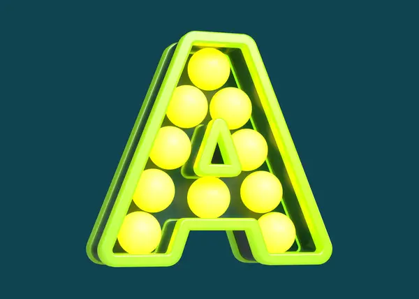 黄色と緑の3D文字Aのマークフォント ライト電球付きのモダンスタイルのレタリングデザイン 高品質の3Dレンダリング ロイヤリティフリーのストック画像