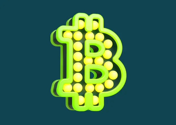 マルキーライトは蛍光黄色と緑のビットコインのロゴを球根にします 高品質の3Dレンダリング ストック画像