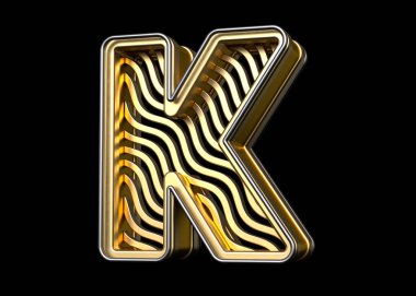 Altın alfabe harfi K, dalga desenli. Yüksek çözünürlüklü ve gerçekçi metalik harfler başlıklar, posterler, reklamlar veya web projeleri için harika. 3B görüntüleme.