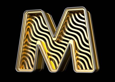 Altından alfabe harfi M, dalga desenli. Yüksek çözünürlüklü ve gerçekçi yazı tipleri başlıklar, posterler, reklamlar veya web projeleri için harikadır. Son derece detaylı 3B görüntüleme.