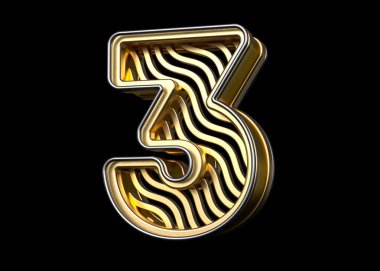 3 boyutlu altın yazı tipi. Dalgalı çizgi desenli 3 numara. Yüksek çözünürlüklü 3B görüntüleme.
