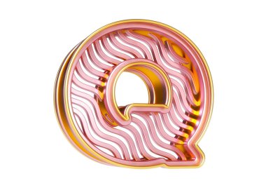 Pembe altın alfabe 3D harf Q dalgalı çizgi desenli. Yüksek çözünürlüklü ve gerçekçi yazı tipleri, başlıklar, posterler, reklamlar veya web projeleri için harika. Son derece detaylı 3B görüntüleme.