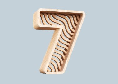 Dalgalı şekilli 7 numaralı 3 boyutlu tahta yazı tipi. Yüksek çözünürlüklü 3B görüntüleme.
