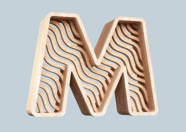 Tahta alfabe harfi M, dalga desenli. Başlıklar, posterler, reklamlar veya web projeleri için uygun yüksek çözünürlüklü yazı tipi. Son derece detaylı 3B görüntüleme.