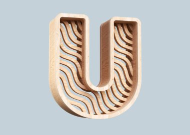 Dalgalı ahşap çizgileri olan U harfi. Başlıklar, posterler, reklamlar veya web projeleri için son derece detaylı 3B yorumlama yazı tipi.