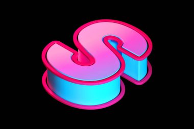 3 boyutlu Isometric S harfi mor-pembe gradyan ve cyan mavi kenarlı. Poster, web, reklam ve modern tasarım projeleri için uygun 3B yazı tipi hazırlama.