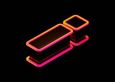 Ünlem işareti: Siyah, turuncu-pembe parlayan 3D simge. Isometric bakış açısı 3D görüntüleme yazı tipi poster, web, reklamcılık ve modern tasarım projeleri için uygundur.