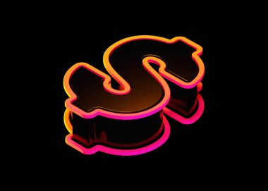 3 boyutlu Isometric Dolar işareti turuncu pembe floresan gradyan ve siyah. Yüksek kalite 3B görüntüleme.