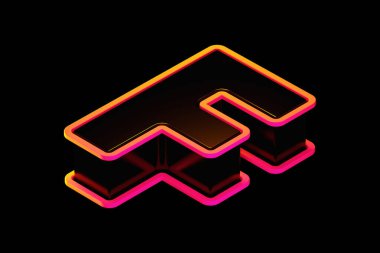 3D F harfi siyah, turuncu ve pembe parlıyor. Isometric 3D biçimlendirme yazı tipi poster, web, reklam ve modern tasarım projeleri için uygundur