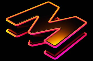 En üstteki 3D harfli, siyah, turuncu-pembe parlayan M harfi. Isometric 3D görüntü tipografisi poster, web, reklamcılık ve modern tasarım projeleri için uygundur