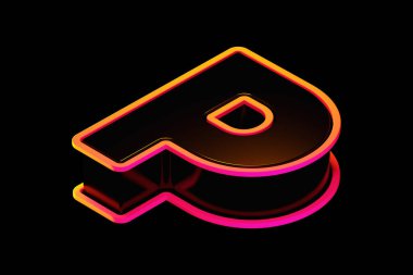 Siyah 3D harf P, turuncu-pembe parlaklık, izometrik 3D yazı tipi poster, web, reklam ve çağdaş tasarım için