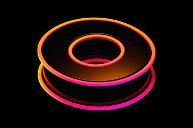 Isometric 3D O harfi siyah, parlak turuncu-pembe çizgili. 3B canlı görüntüleme yazı tipi poster, web, reklam ve modern tasarım projeleri için uygundur.