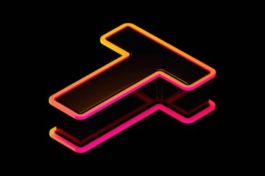 Isometric 3D T harfi siyah ve flüo turuncu-pembe çizgili. 3B canlı görüntüleme yazı tipi poster, web, reklam ve modern tasarım projeleri için uygundur.