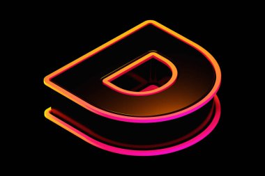 3 boyutlu D harfi, siyah, turuncu-pembe floresan hatlı. Poster, web, reklam ve modern tasarım projeleri için uygun 3B yazı tipi hazırlama