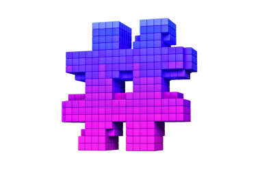 Piksel sanat stili Hashtag sembolü elektrik mavisi ile pembe renk şeması. Yüksek çözünürlüklü, 3B görüntüleme 