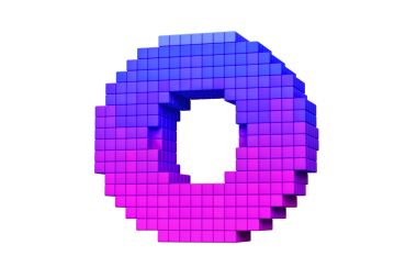 8- bit stilize edilmiş piksel alfabe harfi O mavi, mor ve pembe renk şeması. Yüksek kalite 3B görüntüleme.