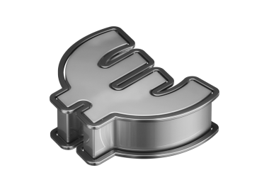 Isometric tipografi tasarımı. Üst görünüm 3D Euro sembolü gümüş. Yüksek kalite 3B görüntüleme.