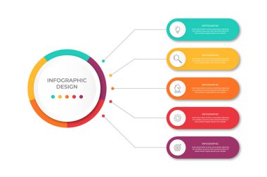 Daire infografik şablon tasarımı ve 4-5-6 seçenek veya basamaklı vektör bilgi etiketi tasarımı. İşlem şeması, sunumlar, iş akışı düzeni, afiş, akış şeması, bilgi grafiği için kullanılabilir