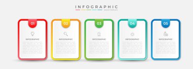 Infographic tasarım 5 seçenek veya basamaklı. İş kavramı için bilgi grafikleri. Sunumlar için kullanılabilir iş akışı düzeni, bayrak, süreç, diyagram, akış şeması, bilgi grafiği, yıllık rapor.