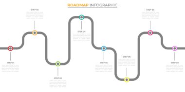 Infographic yol haritası tasarım şablonu. 8 Önemli İş Etkinliği İş Zamanı Yıllık İş Sunumu. Vektör illüstrasyonu