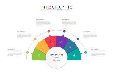 İş görselleştirme bilgisinin yarım daire dizayn şablonu 6 seçenek, adım ya da süreçle. İş sunumu.