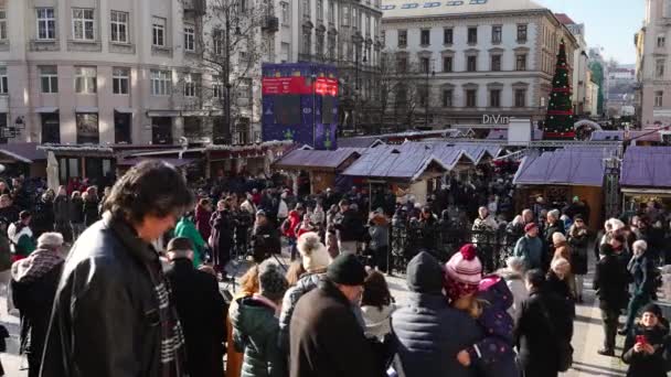 匈牙利布达佩斯 2023年12月17日 拥挤的匈牙利圣诞市场 从大教堂看 — 图库视频影像