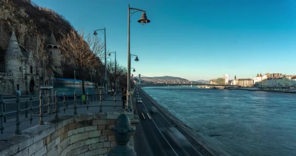 Budapest Hungary January 2024 Car Pedestrian Traffics Downtown Danube River — Stock Video