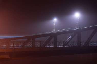 Budapeşte, Macaristan - 18 Ocak 2024: Sisli bir gecede Özgürlük Köprüsü.