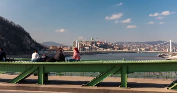 匈牙利布达佩斯 2024年3月3日 游客坐在自由桥上 多瑙河和Buda城堡为背景 时间流逝 — 图库视频影像