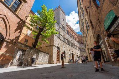 Siena, İtalya - 01 Haziran 2024: Siena 'nın güzel caddesi. Aşağıdan yukarıya doğru. İki bina arasında büyüyen ağaç.