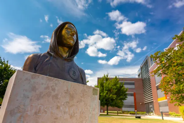 stock image Budapest, Hungary - July 04, 2024: Satoshi Nakamoto monument with Microsoft office in the background. Sunny summer dear, medium cloudy sky.