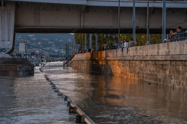 stock image Budapest, Hungary - September 18, 2024: Flooded Highway Under Erzsebet Bridge in Budapest After the Danube River Rises Following Storm 'Boris'. Evening shot.