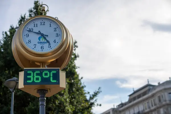 Budapeşte, Macaristan - 24 Ağustos 2024: Sokak sıcaklığı alışılmadık yüksek yaz sıcağını vurguluyor.