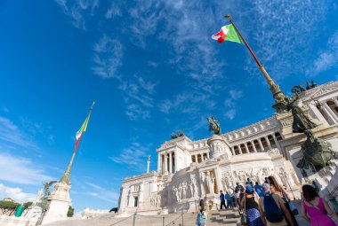 Rome, Italy - May 28, 2024: National Monument the Vittoriano or Altare della Patria, Altar of the Fatherland. Bottom to top view. clipart