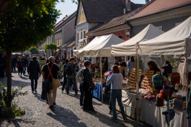 Szentendre, Macaristan - 27 Ekim 2024: Szentendre 'de tablo ve deri ürünlerle pazarlar