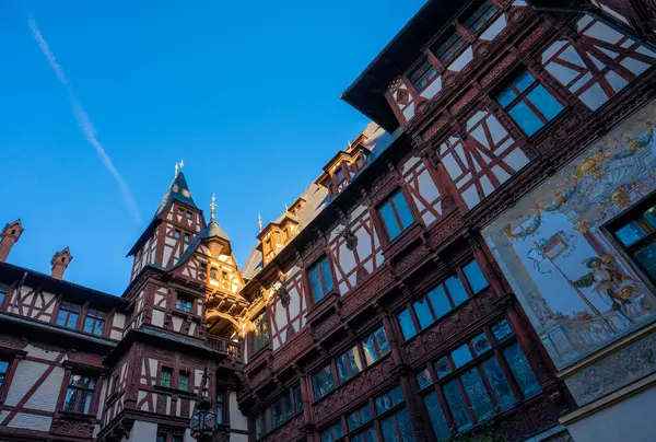 Sinaia, Romanya - 23 Ekim 2024: Karpatya Tacı: Neo-Rönesans Dağ Puslarının Ortasında Görkemli