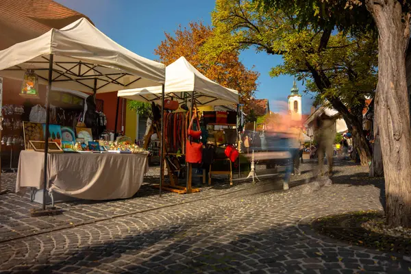 Szentendre, Macaristan - 27 Ekim 2024: Szentendre 'de tablo ve deri ürünlerle pazarlar