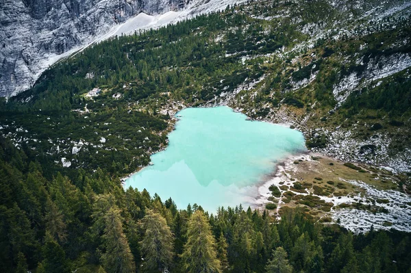 Lago Sorapis Nelle Dolomiti Italia Colpo Con Drone Vista Aerea — Foto Stock