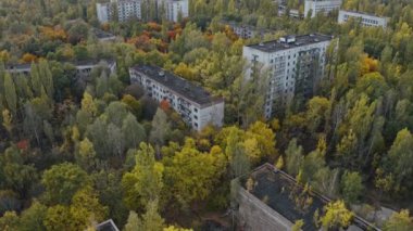 İHA, terk edilmiş Pripyat şehrinden geçiyor. Yıkılmış binalar. Şehrin aşırı gelişmiş caddeleri. Sonbahar renkleriyle Çernobil Hava Aracı Videosu - Günbatımı