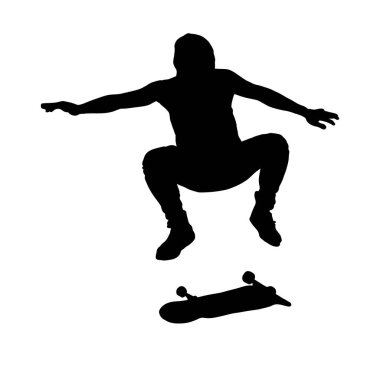 Bir kaykaycının silueti bir atlayış yapıyor, şehir sokak kültürünün ve atletizmin özünü yakalıyor..